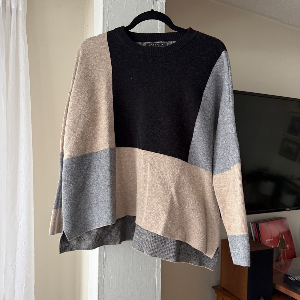 Joseph A Colorblock Sweater Size M Neutral Black Tan Gray Lightweight Knit